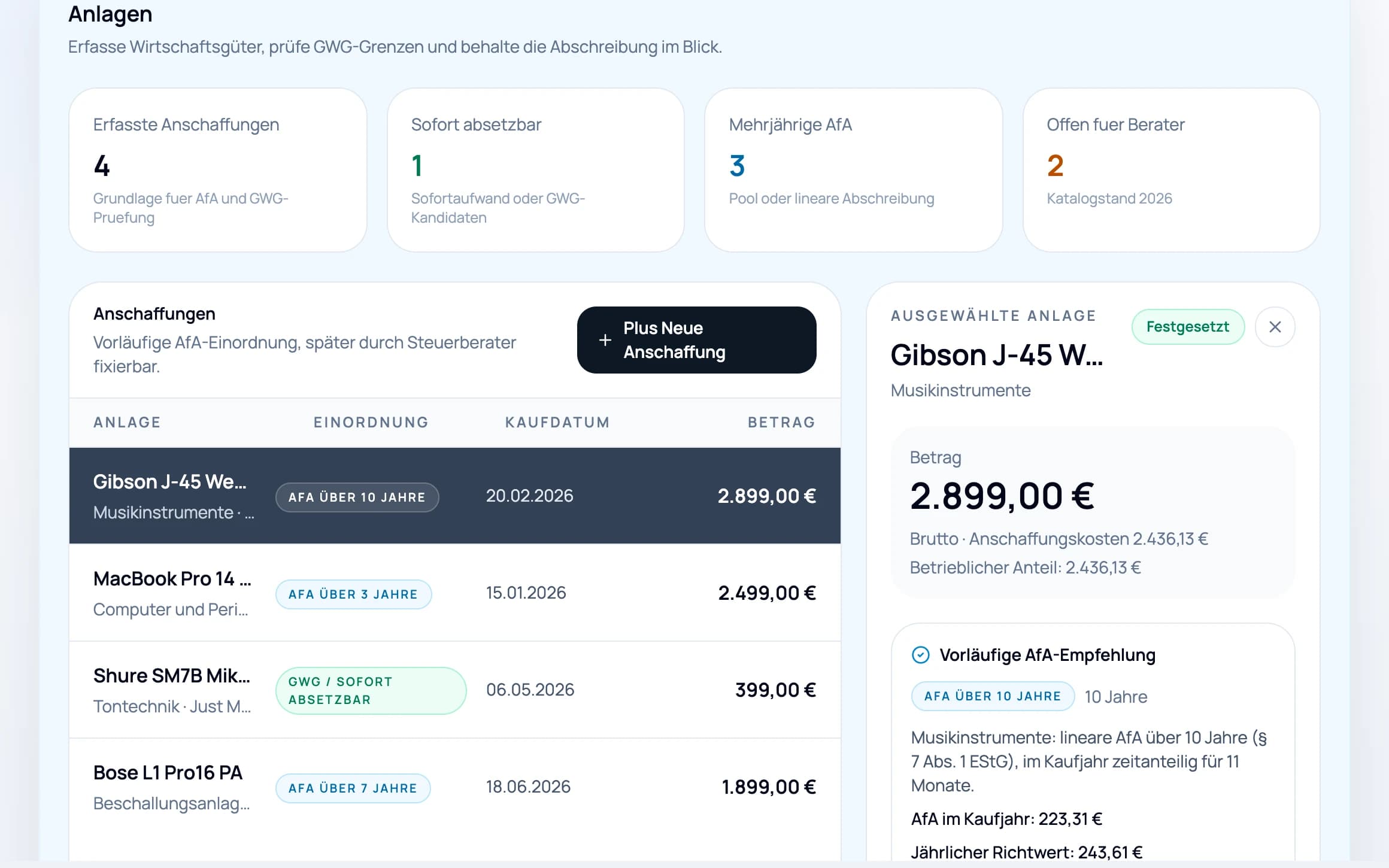 Anlagenverzeichnis in paygroove mit Gitarre, Laptop und PA sowie der vorgeschlagenen Abschreibung