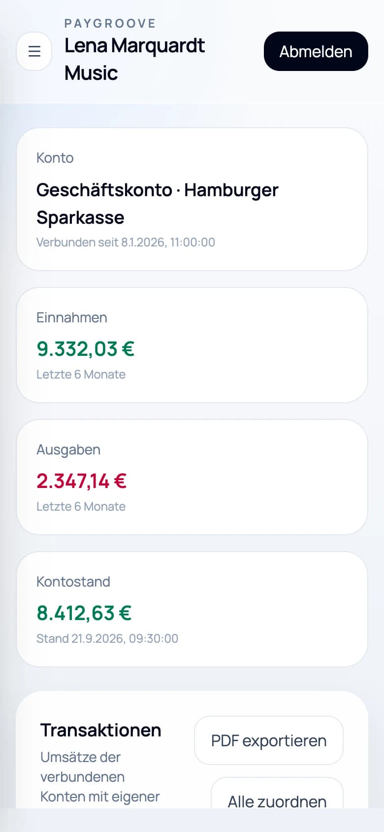 Finanzen & Bankabgleich in paygroove auf dem Handy