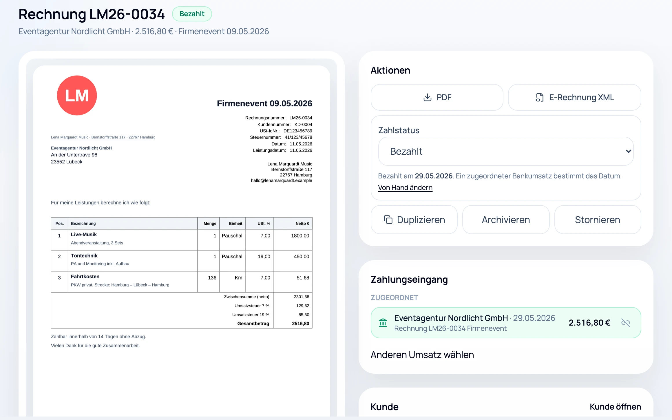 Rechnung in paygroove mit der automatisch berechneten Position Fahrtkosten: 136 Kilometer Hamburg – Lübeck – Hamburg