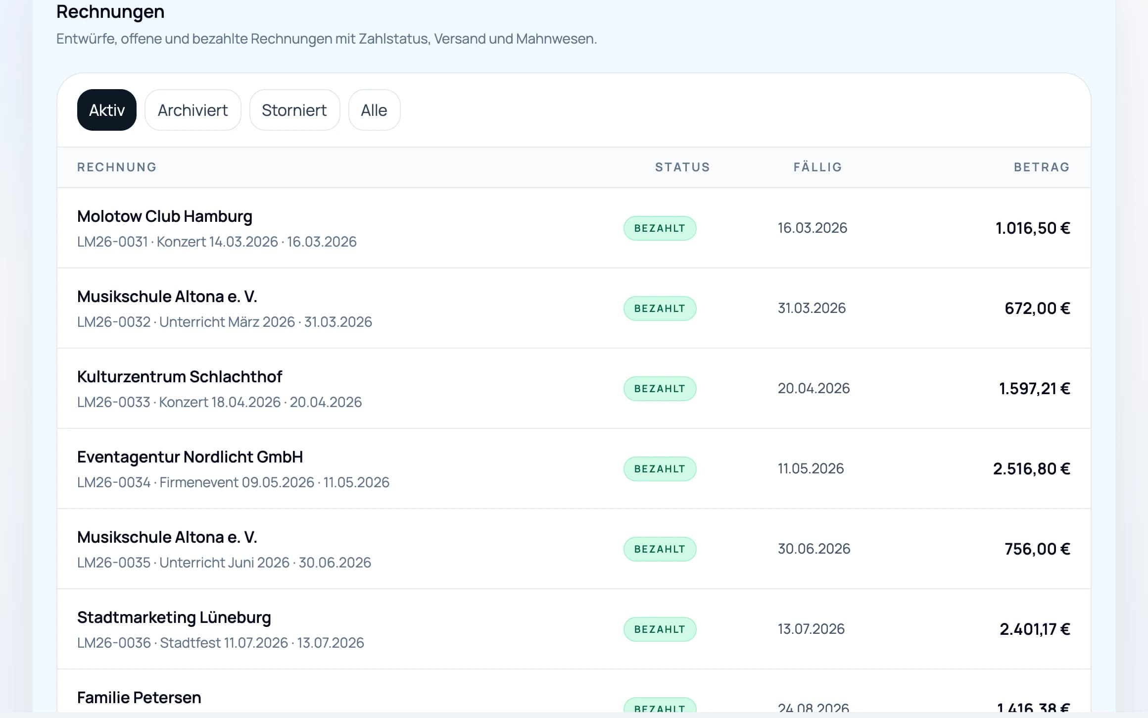 Rechnungsliste in paygroove mit Rechnungen, die aus Jobs entstanden sind