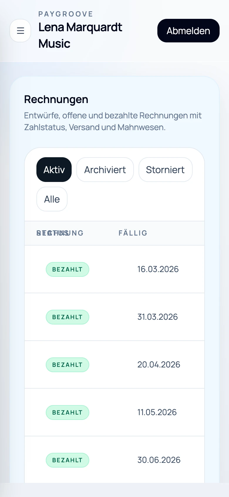 Rechnungen & Angebote in paygroove auf dem Handy