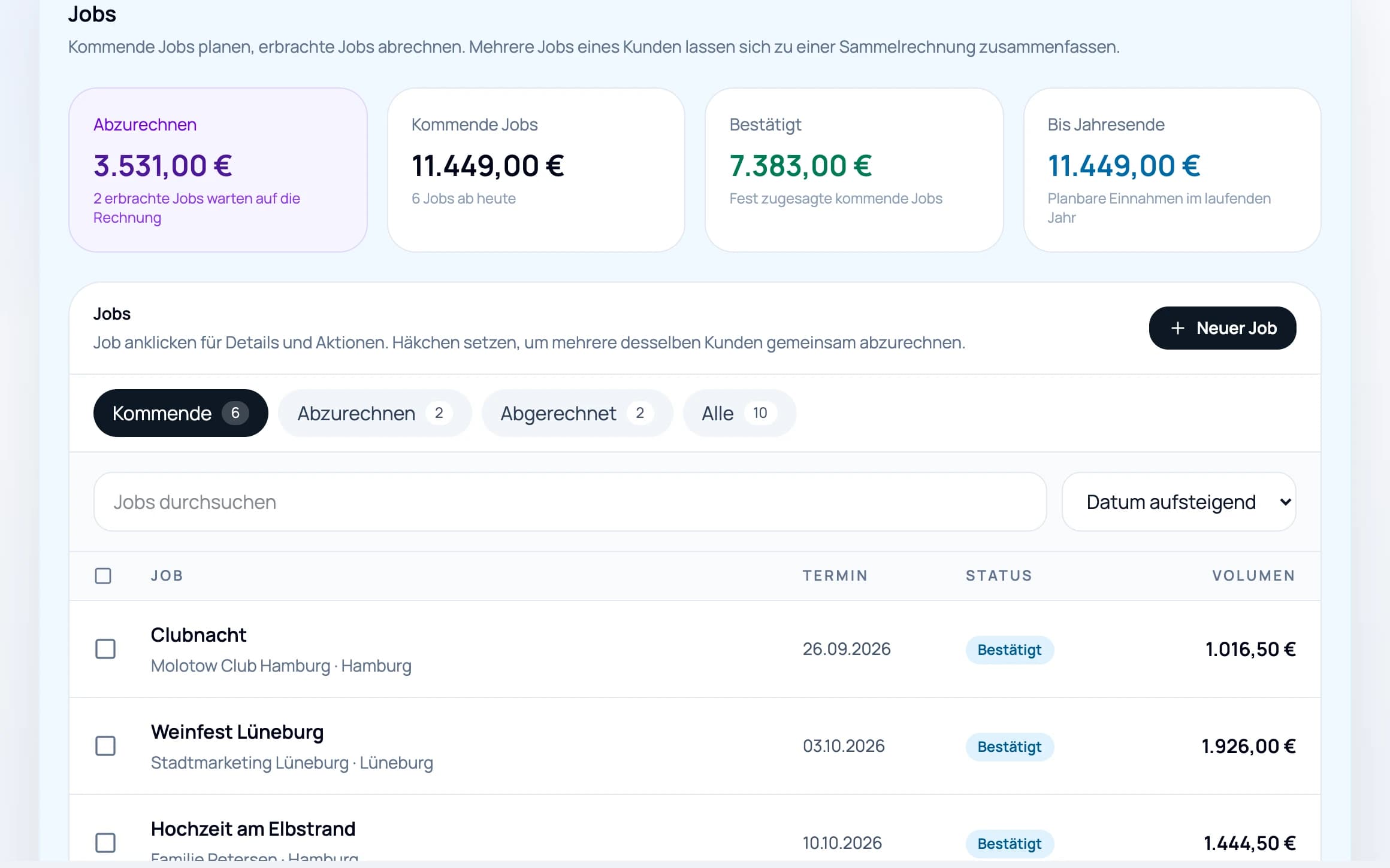 Auftragsverwaltung in paygroove: Kacheln für abzurechnende und kommende Jobs und die Jobliste mit Status