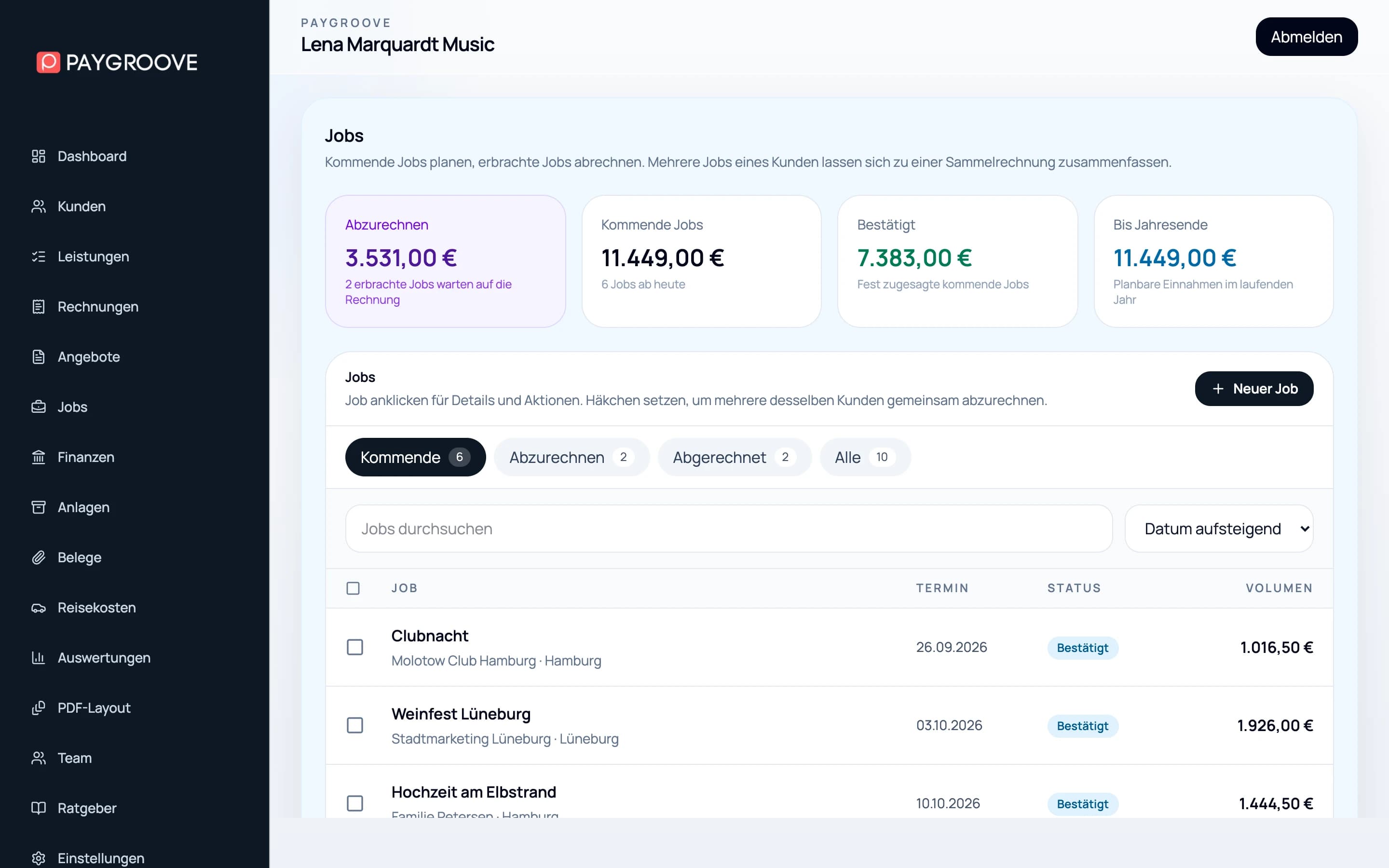 Auftragsverwaltung in paygroove: Kacheln für abzurechnende und kommende Jobs und die Jobliste mit Status