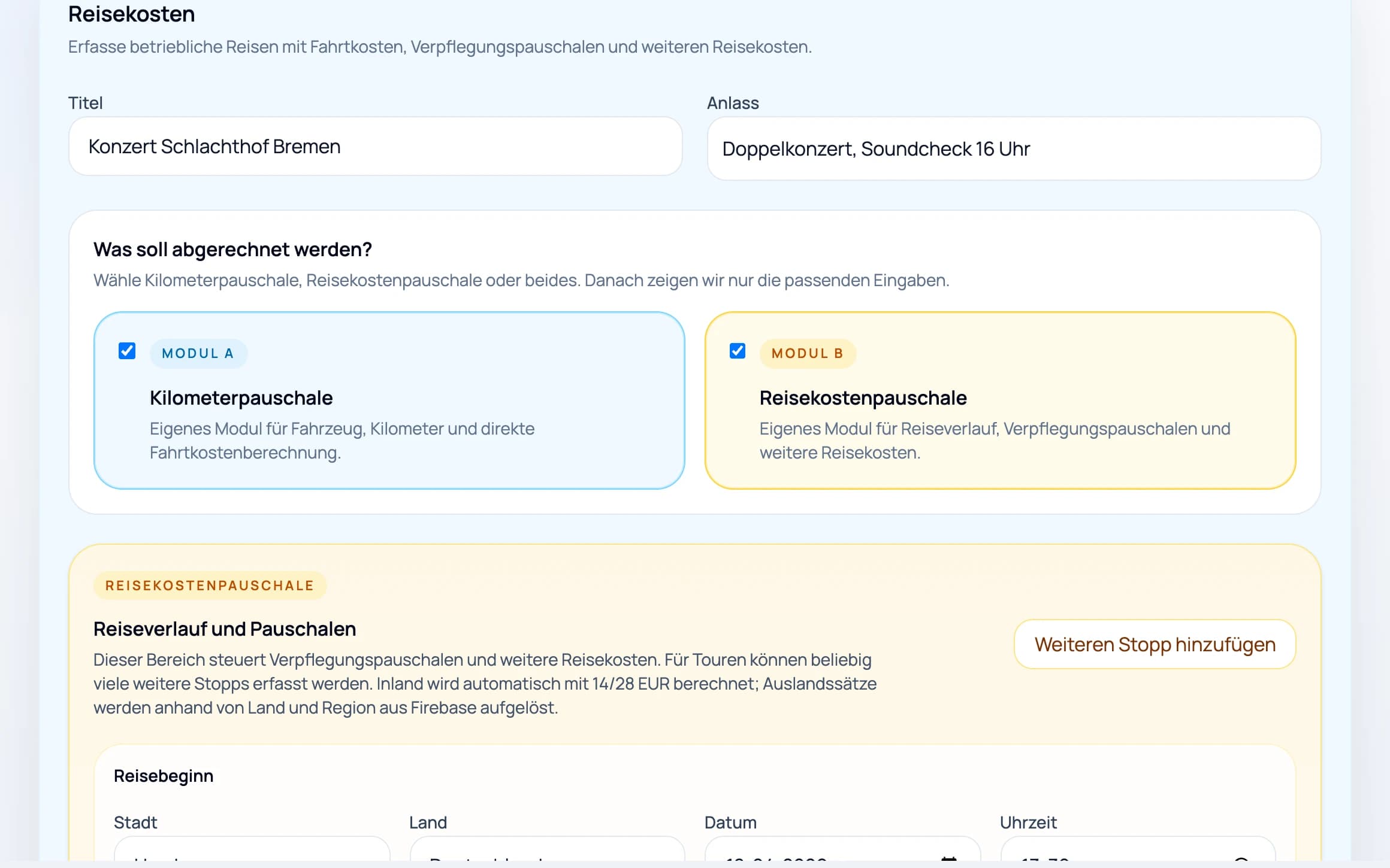 Reisekosten-Formular in paygroove mit den Modulen Kilometerpauschale und Reisekostenpauschale und dem Reiseverlauf