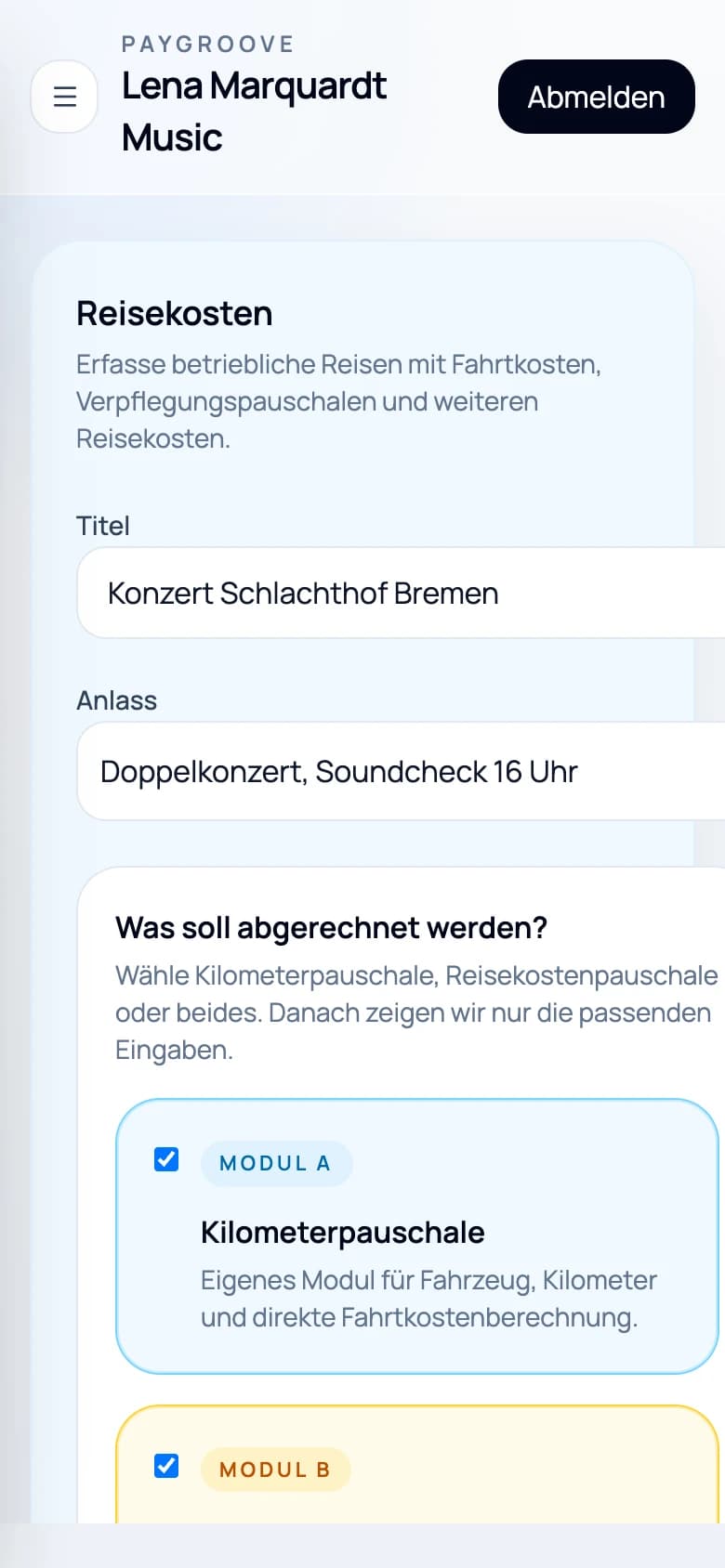 Reisekosten in paygroove auf dem Handy