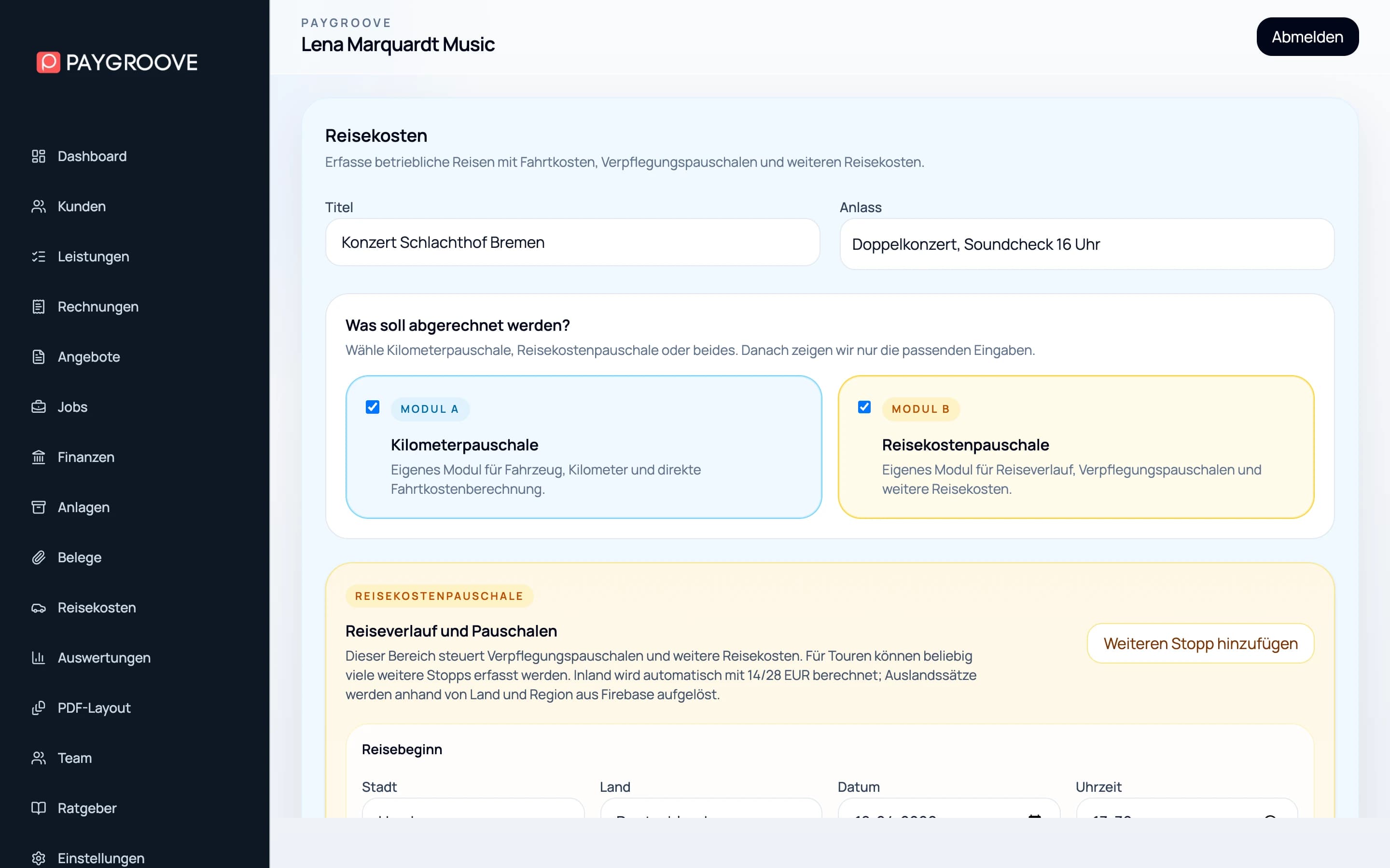 Reisekosten-Formular in paygroove mit den Modulen Kilometerpauschale und Reisekostenpauschale und dem Reiseverlauf