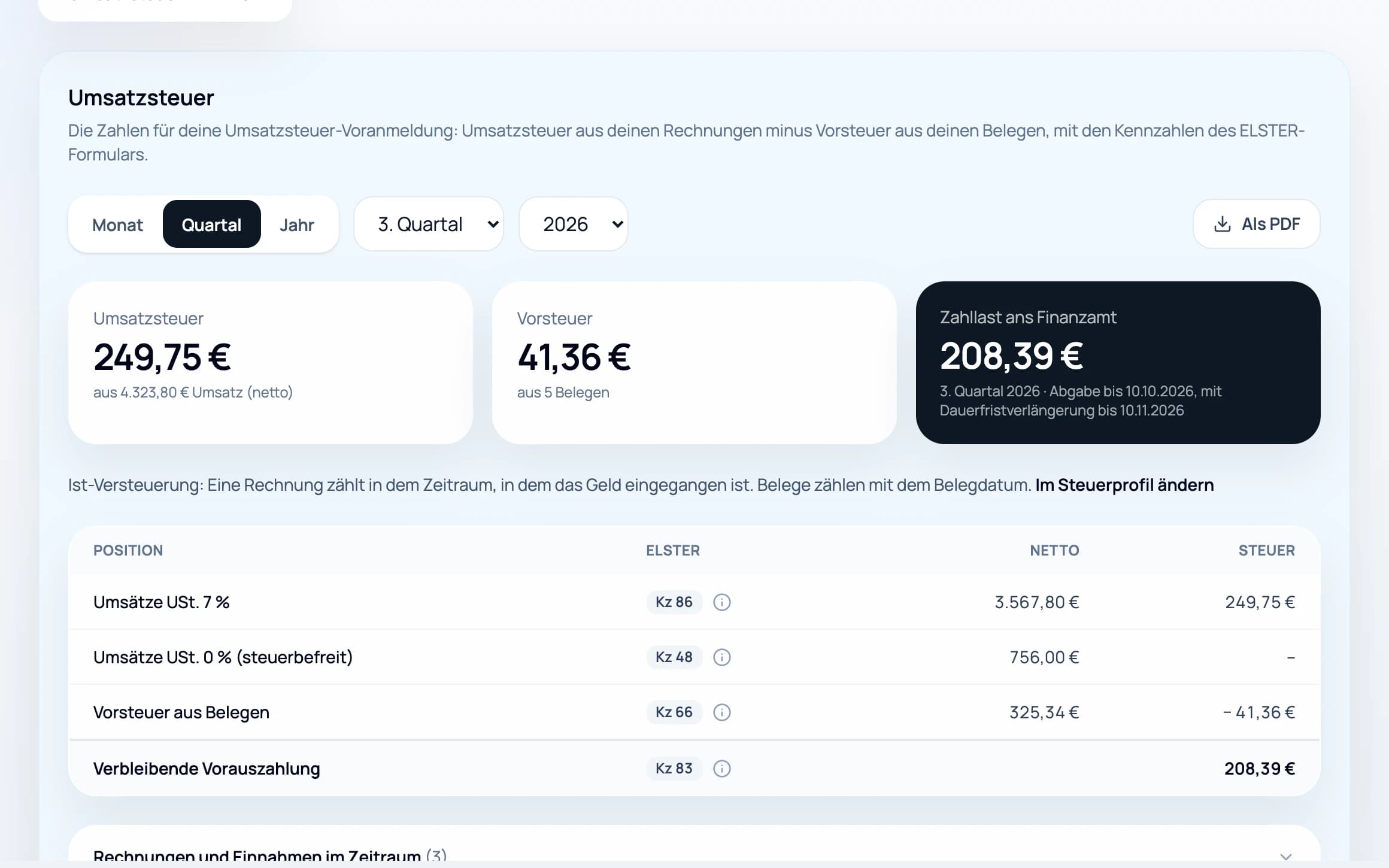 Umsatzsteuer-Auswertung in paygroove mit Umsatzsteuer, Vorsteuer, Zahllast und den ELSTER-Kennzahlen 81, 86, 48, 66 und 83
