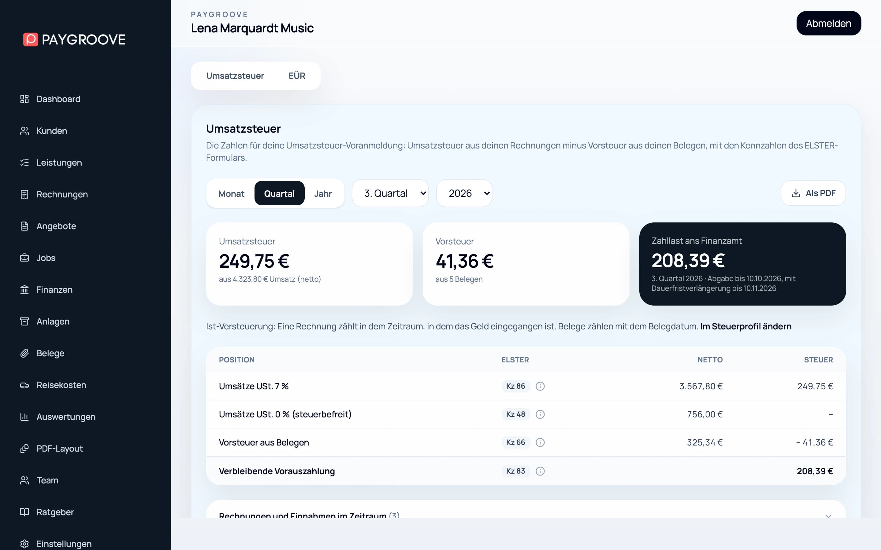 Umsatzsteuer-Auswertung in paygroove mit Umsatzsteuer, Vorsteuer, Zahllast und den ELSTER-Kennzahlen 81, 86, 48, 66 und 83