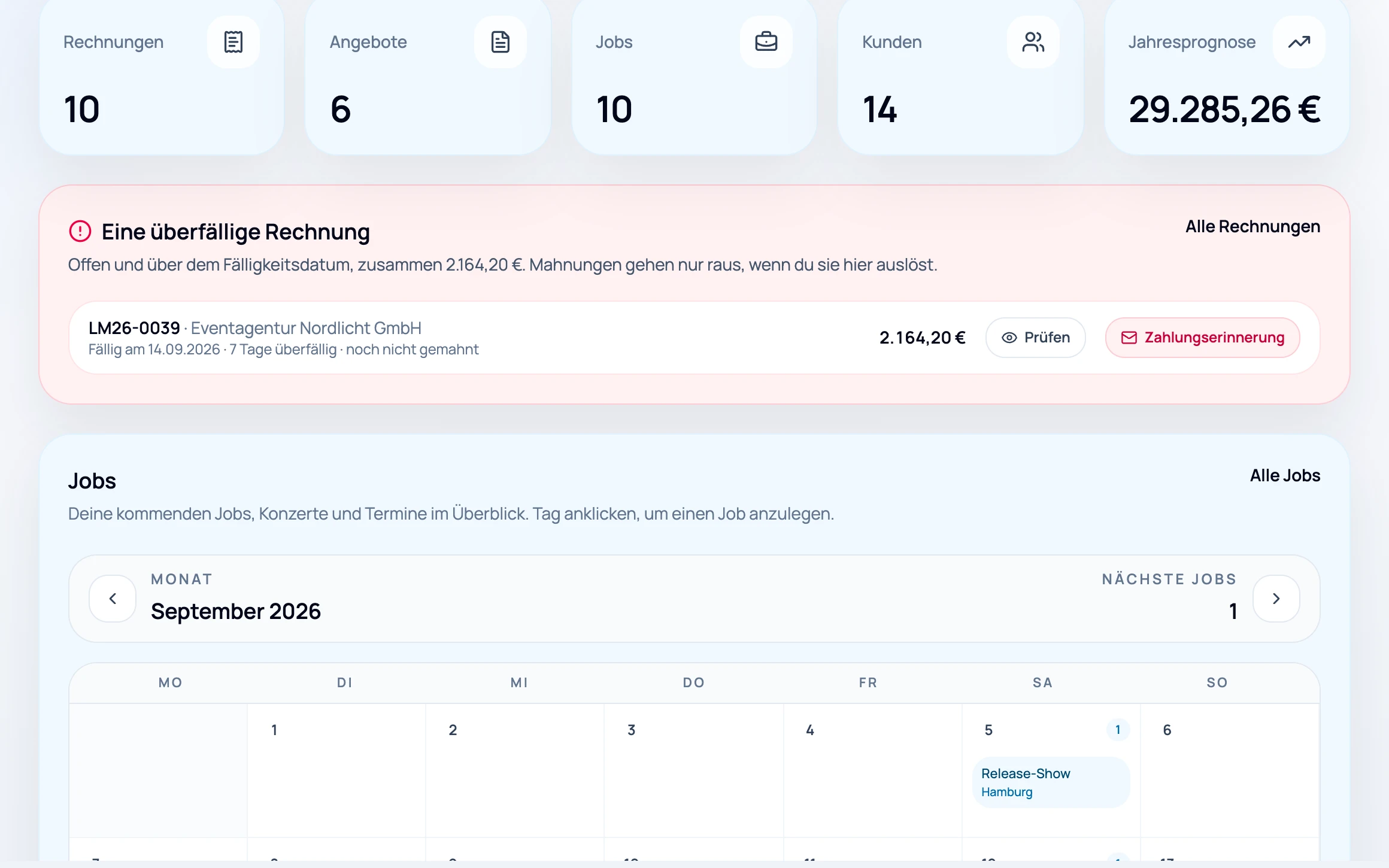 paygroove Dashboard mit Kennzahlen, einer überfälligen Rechnung und dem Monatskalender mit Jobs